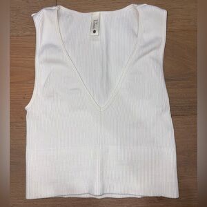 BYLT Basics White Ribbed V-Neck Cropped Tank Top